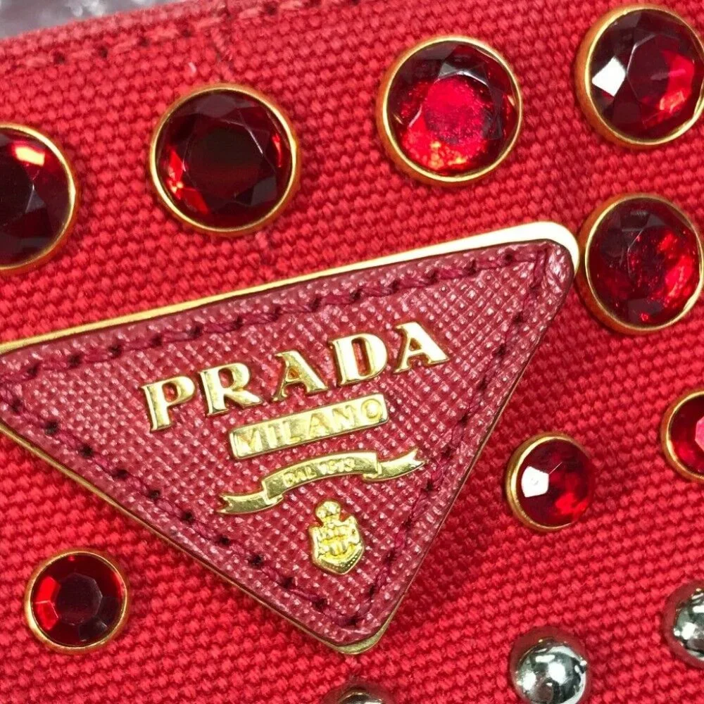 PRADA triangle logo plate Kanapa GM Bijoux Hand Bag Tote Bag Canvas Red - Picture 3 of 16